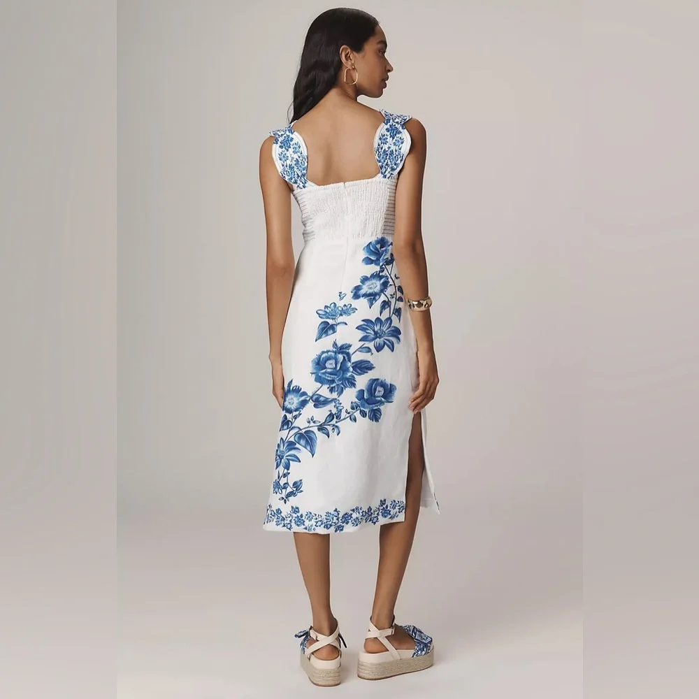 FARM Rio Off-White Floral Cascade Wavy Euroflax Premium Linen Midi Dress - Picture 6 of 10